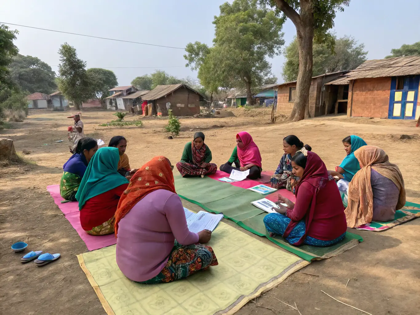 A vibrant scene from a REFACOF community empowerment workshop in rural Uganda, where women are actively participating in discussions about their rights and opportunities. The image should convey a sense of empowerment and community spirit.